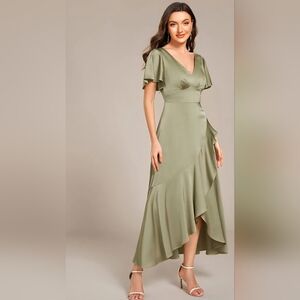 Ever Pretty Short Sleeve Satin Midi Asymmetrical Sage Green Dress